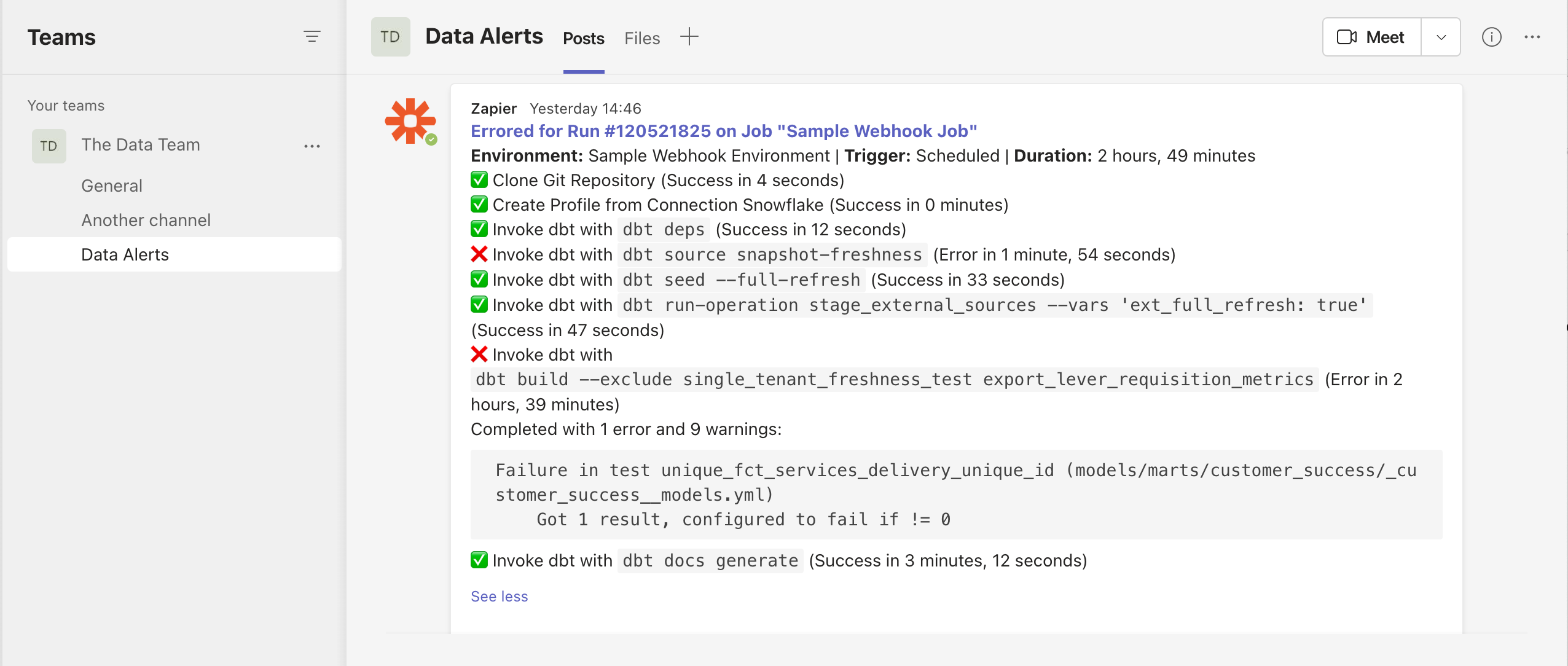 Screenshot of a message in MS Teams showing a summary of a dbt Cloud run which failed